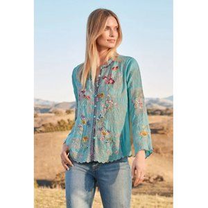 Johnny Was Allbee Blouse Marine Blue Long Shirt Flower Embroidery Top Large NEW
